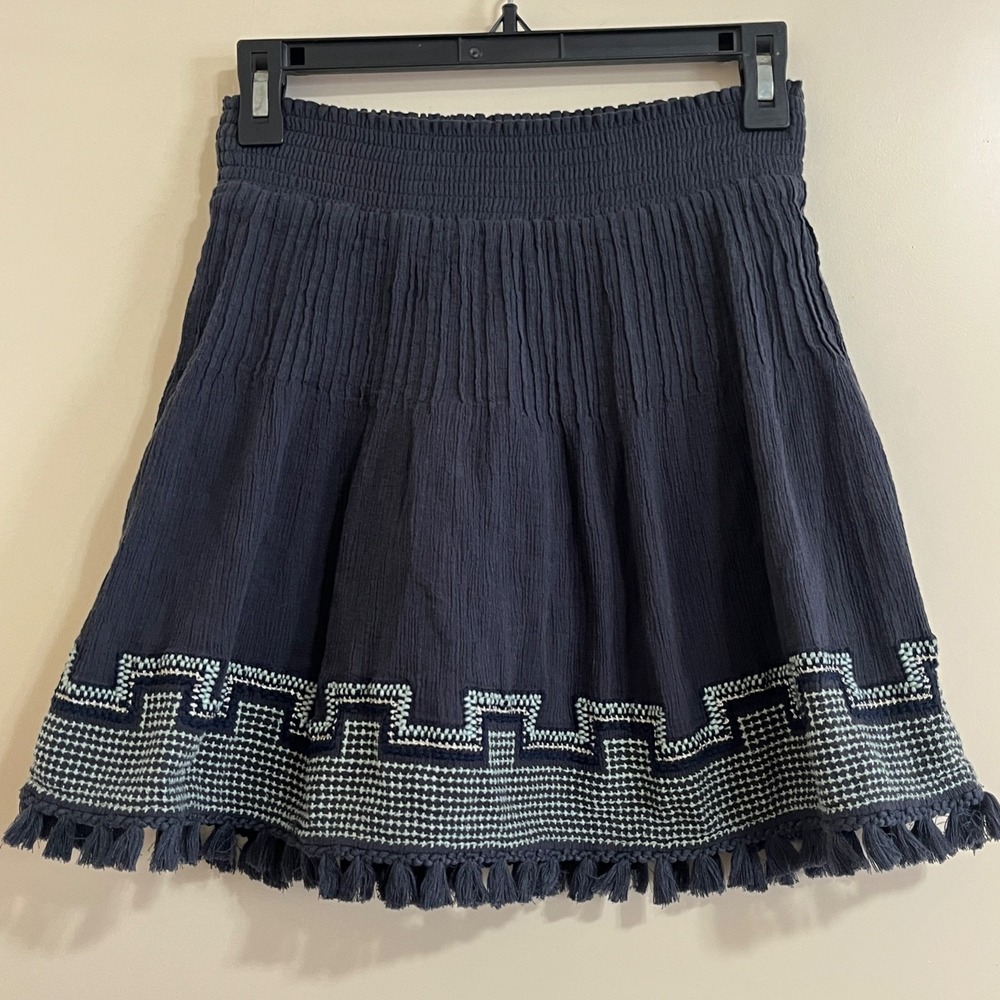 J.Crew Boho Embroidered Tassel Fringe Mini Skirt XXS Peasant Cottage Festival.